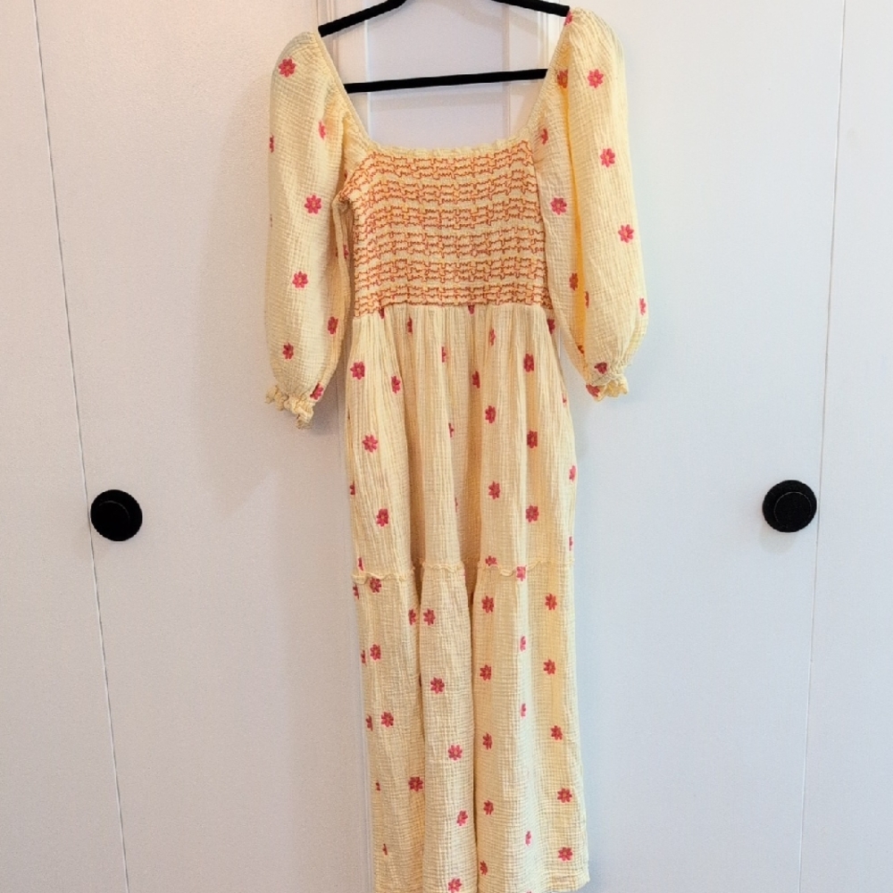LOAIHA Floral Yellow Dress With Pockets, Size Large